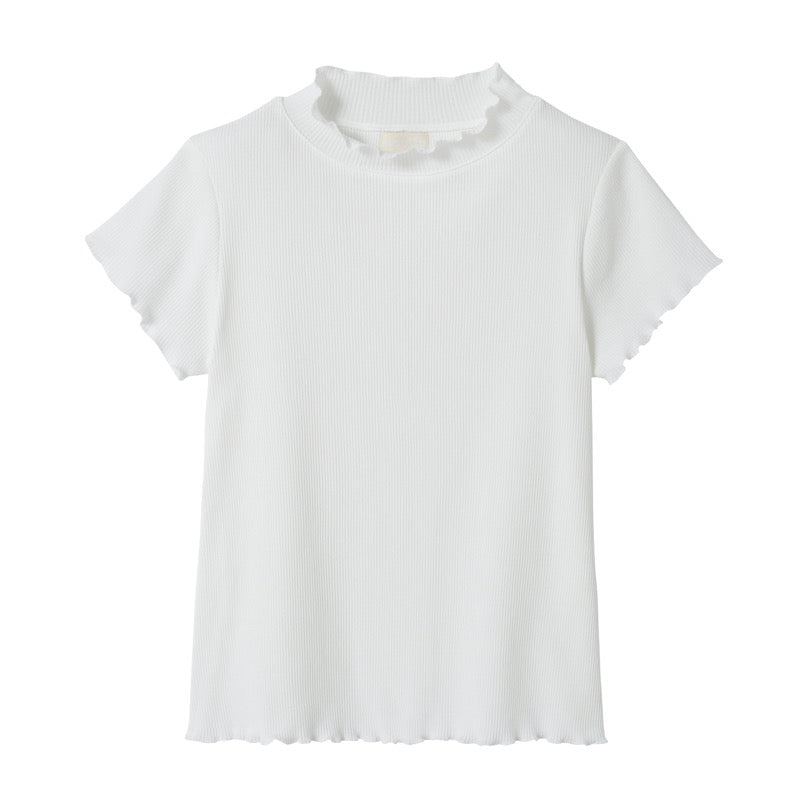 t-shirt blanc col volant coton côtelé