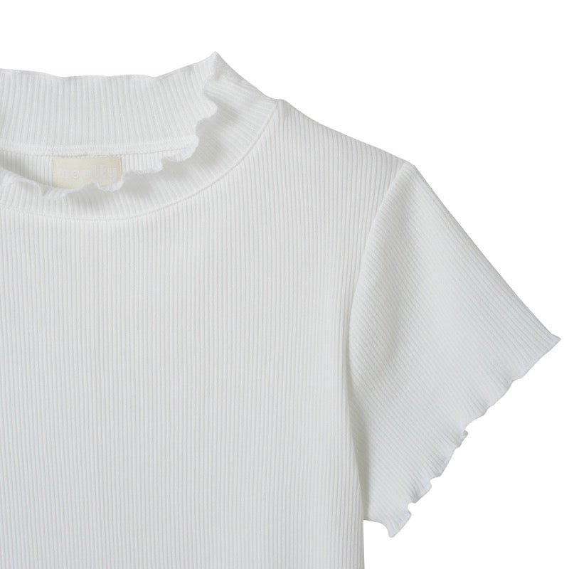 t-shirt blanc col volant froufrou cotelé